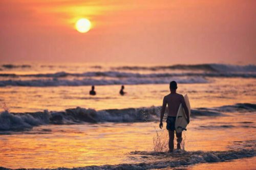 Surfer st sunset. Young man holding surfboard and walking to sea. Matara, Sri Lanka.